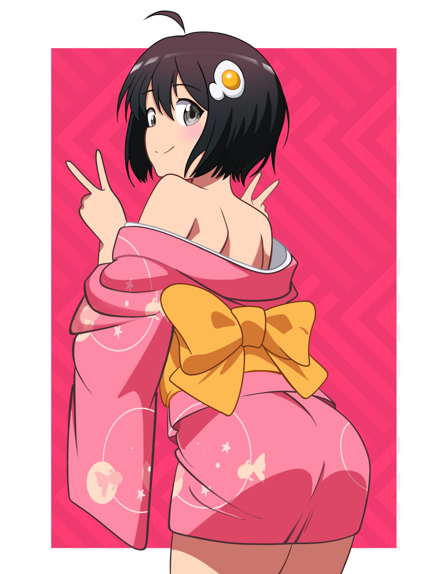 1girl absurdres ahoge animal_print araragi_tsukihi back bare_shoulders black_eyes black_hair blue_komett closed_mouth cowboy_shot double_v egg_hair_ornament fish_print food-themed_hair_ornament from_behind hair_between_eyes hair_ornament highres japanese_clothes kimono koi light_blush long_sleeves looking_at_viewer looking_back monogatari_(series) obi off_shoulder pink_background pink_kimono print_kimono sash short_kimono short_sleeves short_yukata smile solo split_mouth standing straight_hair two-tone_background v white_background wide_sleeves yellow_sash yukata
