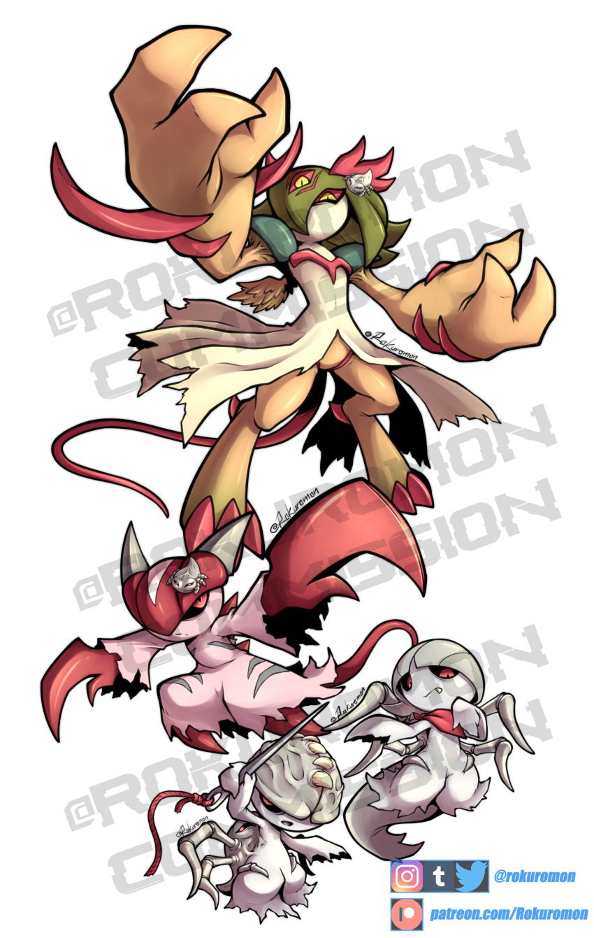 absurdres arkadimon_adult arkadimon_baby arkadimon_child corruption digimon fang fusion gen_3_pokemon highres kirlia looking_at_viewer nintendo pokemon ralts red_eyes rokuromon