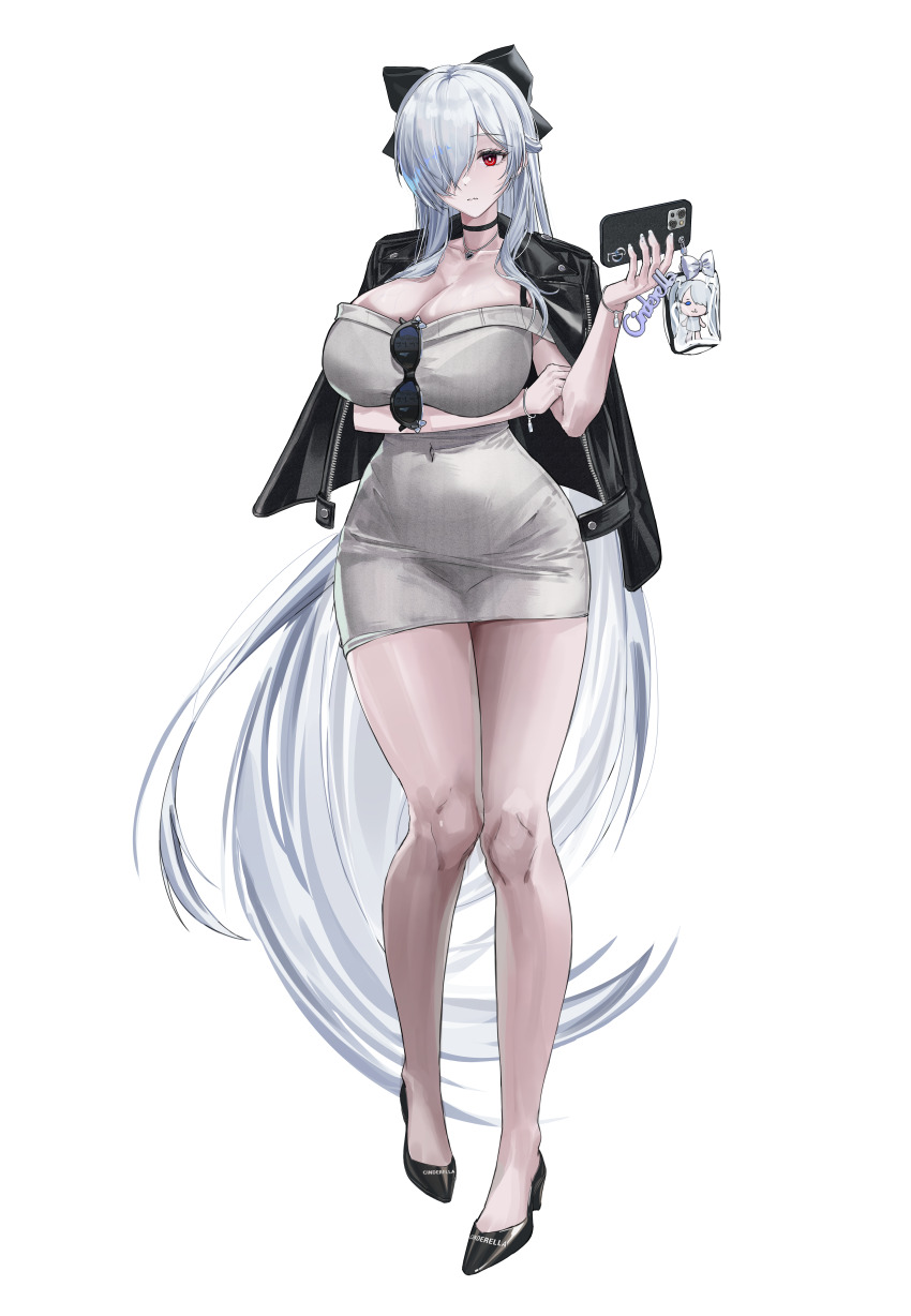 1girl absurdres black_jacket breasts cellphone_charm character_charm charm_(object) choker cinderella_(beautiful_me)_(nikke) cinderella_(nikke) cleavage disgustingtokki dongtan_dress dress eyewear_hang goddess_of_victory:_nikke grey_dress hair_over_one_eye heart heart_necklace highres jacket jacket_on_shoulders jewelry large_breasts long_hair meme_attire necklace official_alternate_costume panties_visible_through_clothes red_eyes simple_background solo taut_clothes taut_dress unworn_eyewear very_long_hair white_background white_hair