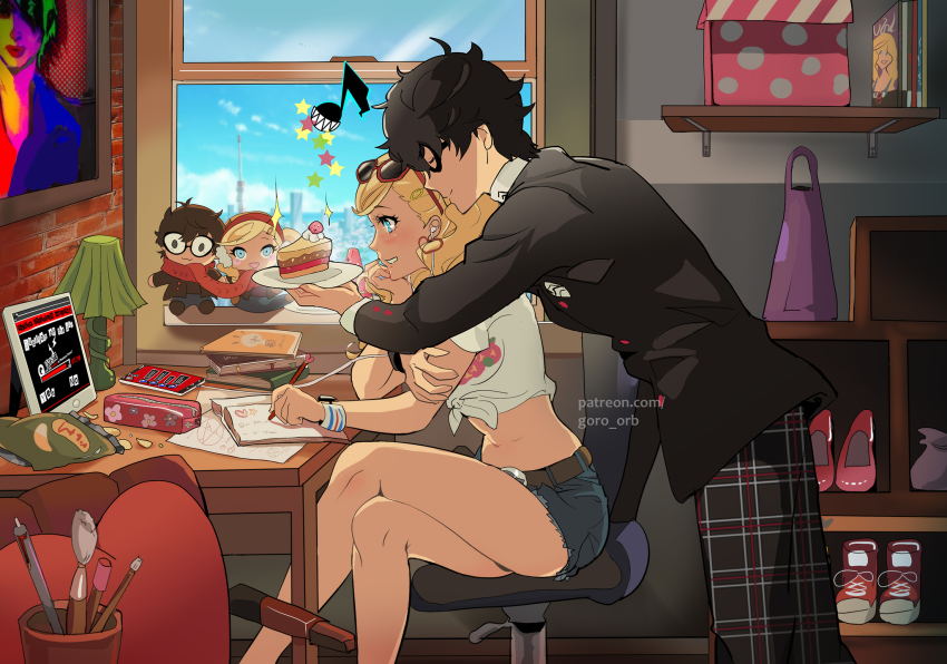 1boy 1girl amamiya_ren bag bare_legs behind_another belt black-framed_eyewear black_hair black_jacket blonde_hair blue_eyes blue_shorts book breasts brick_wall brown_belt cake cake_slice chair chips_(food) couple crossed_legs cutoffs day denim denim_shorts desk earphones eyewear_on_head food from_side fruit giving giving_food goro_orb grin highres hug hug_from_behind indoors jacket lamp left-handed lofi_girl_(youtube) medium_breasts midriff musical_note navel open_book paintbrush pants paper persona persona_5 picture_frame plaid_clothes plaid_pants plate red-framed_eyewear school_uniform shelf shirt shoes short_shorts shorts shuujin_academy_school_uniform sitting smile solo sparkling_eyes spoken_musical_note stomach stuffed_toy sunglasses tablet_pc takamaki_anne thighs tied_shirt twintails watermelon watermelon_slice wavy_hair white_shirt window writing