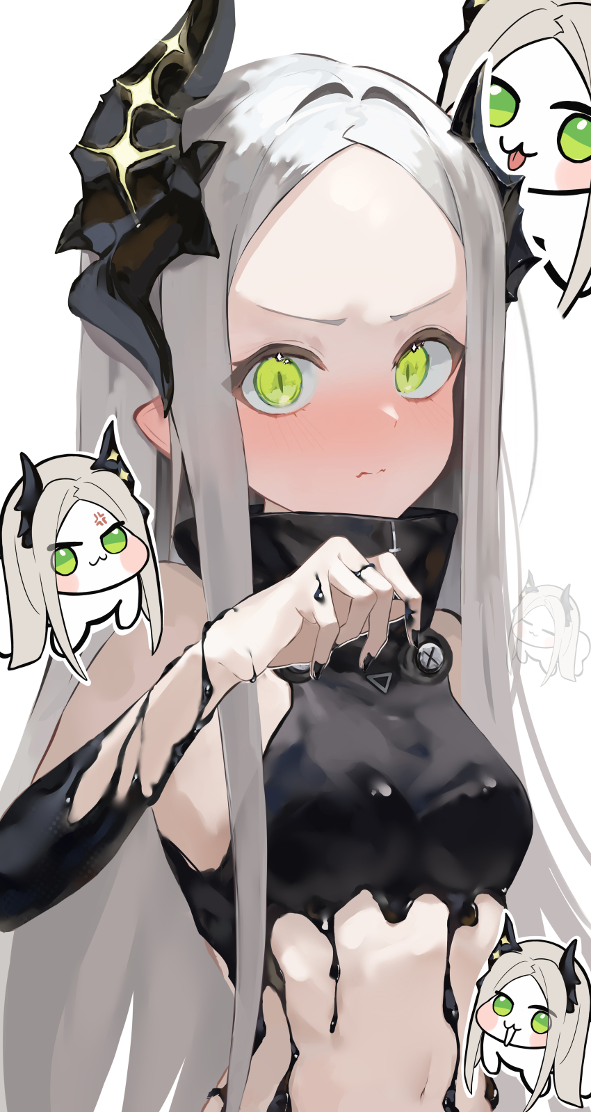 1girl :3 absurdres bare_shoulders black_horns black_liquid black_nails blush breasts creature doro_(nikke) forehead goddess_of_victory:_nikke green_eyes grey_hair highres horns leviathan_(nikke) liquid_clothes long_hair looking_at_viewer natuiroillust12 navel pointy_ears shiny_eyes simple_background small_breasts white_background