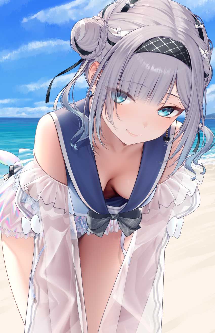 1girl absurdres beach bikini black_hairband blue_bikini blue_eyes blue_sailor_collar blue_sky bow bowtie breasts bun_with_braided_base downblouse extended_downblouse eyes_visible_through_hair grey_bow grey_bowtie grey_hair hair_bun hair_ribbon hairband highres horizon kaga_sumire kaga_sumire_(vspo!_summer_2024) leaning_forward looking_at_viewer nikichiho ocean parted_bangs ribbon sailor_collar see-through_clothes see-through_skirt see-through_sleeves shirt shore sidelocks skirt sky small_breasts smile solo standing swimsuit virtual_youtuber vspo!