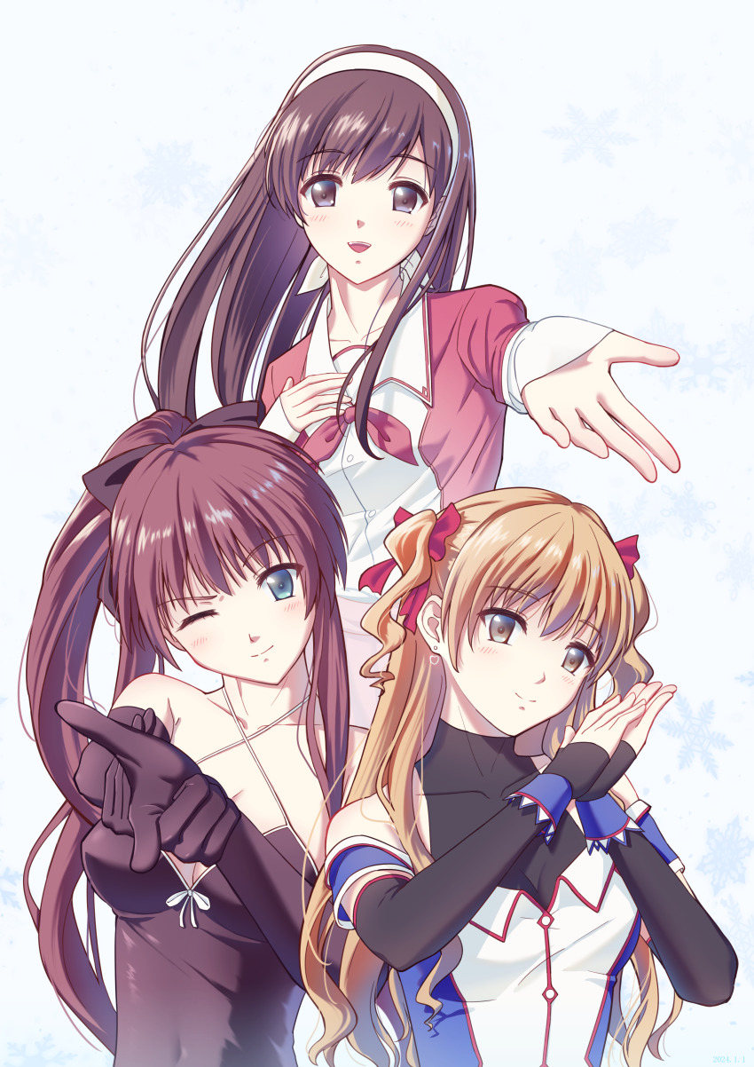 3girls absurdres black_gloves blonde_hair blue_eyes bow breasts brown_eyes brown_hair cleavage gloves hair_bow hairband hands_up highres kisaragi_sayoko long_hair morikawa_yuki multiple_girls ogata_rina one_eye_closed outstretched_arm ponytail red_bow small_breasts smile upper_body white_album white_album_(series) white_album_2 white_hairband zyl_(pixiv_25086308)