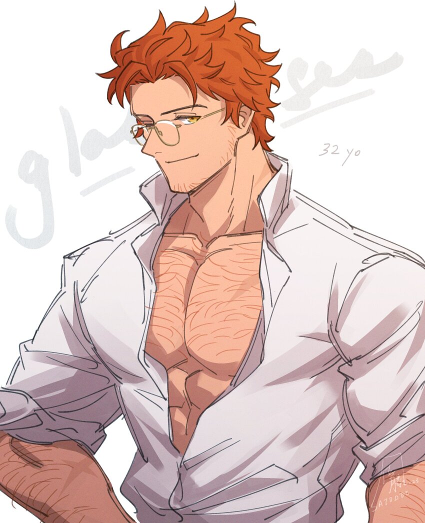 1boy abs absurdres aged_up arm_hair beard_stubble chest_hair closed_mouth collared_shirt commentary english_commentary english_text facial_hair fire_emblem fire_emblem:_three_houses glasses highres looking_at_viewer male_focus multiple_scars nintendo open_clothes open_collar open_shirt orange_hair pectoral_cleavage pectorals rimless_eyewear satodee scar scar_on_arm scar_on_chest scar_on_neck shirt short_hair sleeves_rolled_up smile solo stubble sylvain_jose_gautier wavy_hair white_shirt yellow_eyes
