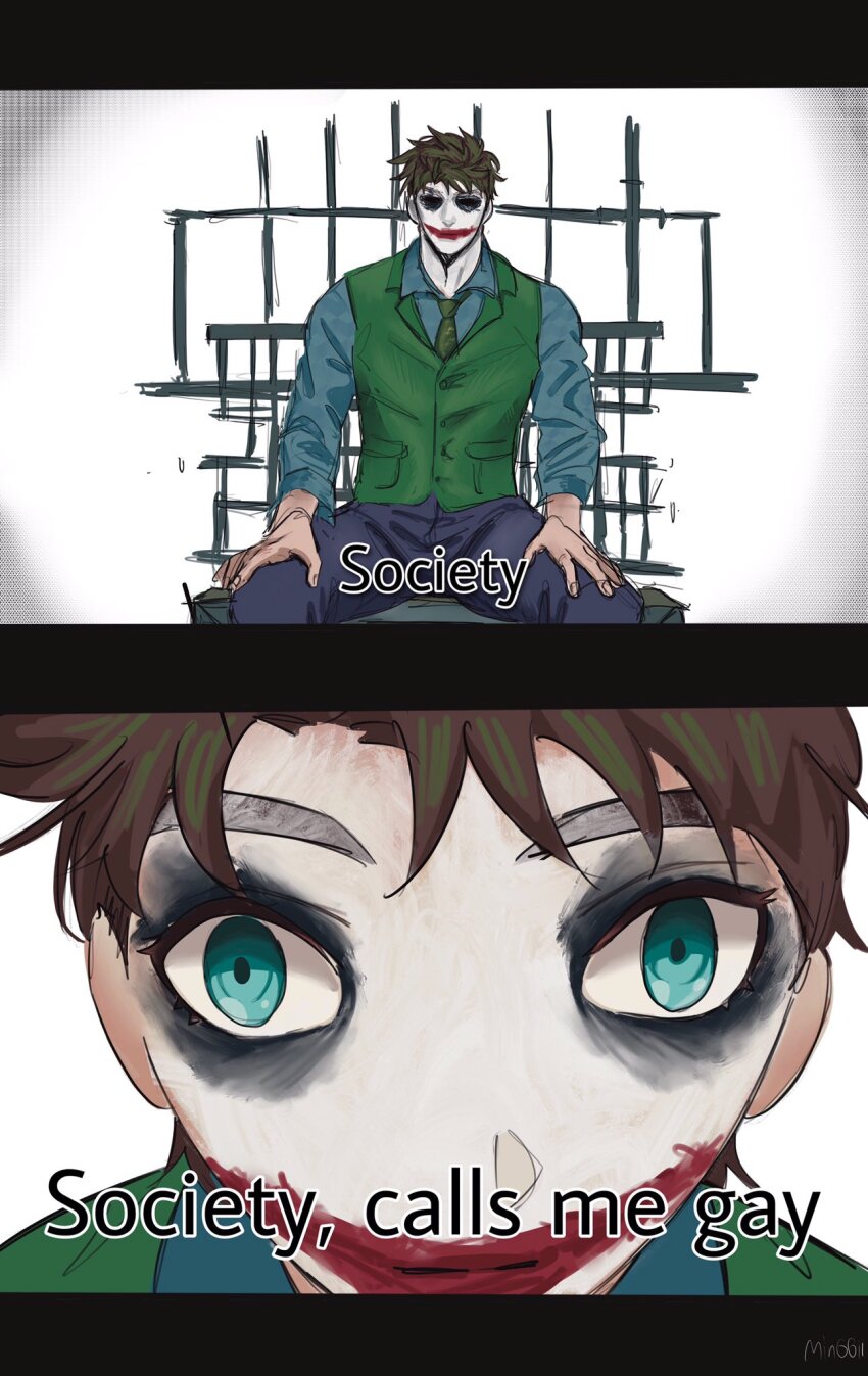 1boy batman_(series) battle_tendency blue_eyes cosplay dc_comics green_hair green_necktie green_vest grey_shirt highres jacket jojo_no_kimyou_na_bouken joker_(dc)_(cosplay) joseph_joestar joseph_joestar_(young) meme minggiijwinjsj necktie pants purple_pants shirt short_hair solo the_dark_knight the_joker vest