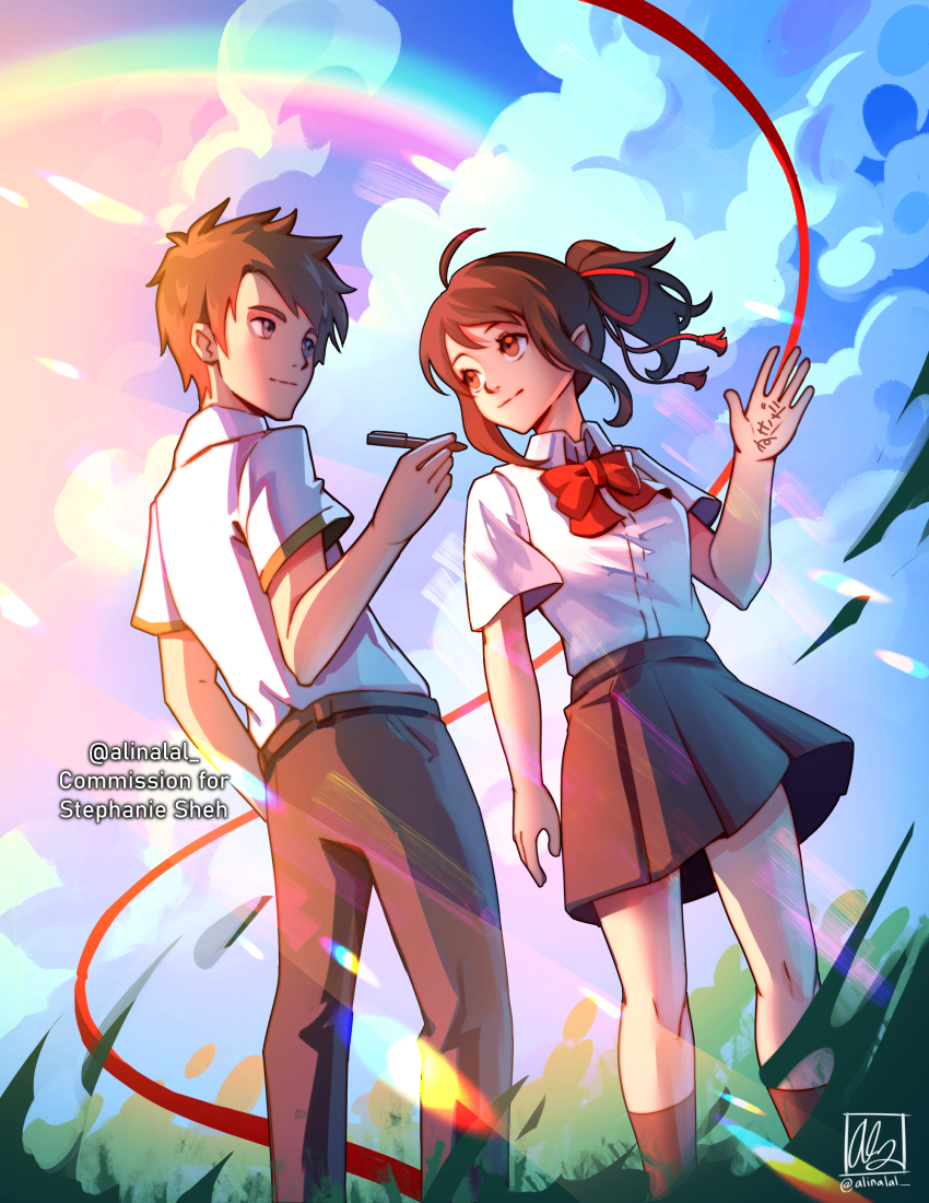 1boy 1girl absurdres ahoge alina_l brown_hair commission hair_ribbon highres light_rays miyamizu_mitsuha neck_ribbon pen ponytail red_ribbon ribbon school_uniform sky socks string string_of_fate tachibana_taki