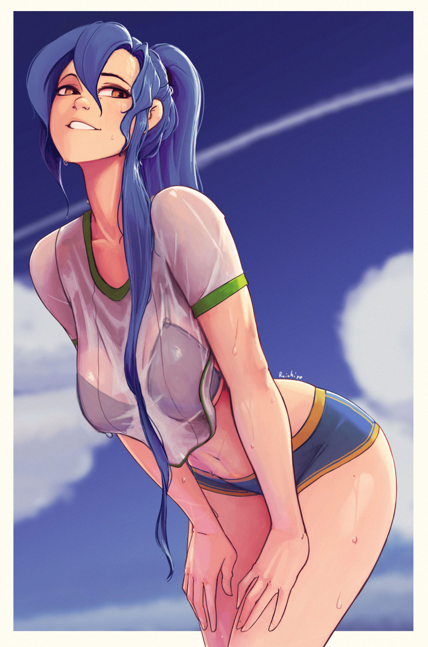1girl absurdres bikini blue_bikini blue_hair blue_sky breasts cleavage cloud cloudy_sky eiyuu_densetsu highres large_breasts laura_s._arseid long_hair medium_breasts navel orange_eyes outdoors ponytail raichiyo33 sen_no_kiseki_(series) sen_no_kiseki_i shirt sky smile solo standing swimsuit wet wet_clothes wet_shirt