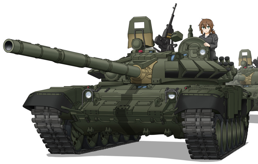 12.7x108mm 1girl absurdres ammunition ammunition_belt ammunition_box anti-materiel_cartridge bags_under_eyes black_jacket blue_eyes brown_hair closed_mouth gun hair_ornament heavy_machine_gun highres hmg_cartridge jacket long_sleeves machine_gun messy_hair military military_vehicle motor_vehicle msa_major nsv original ponytail rifle_cartridge solo t-72 tank vehicle_focus weapon