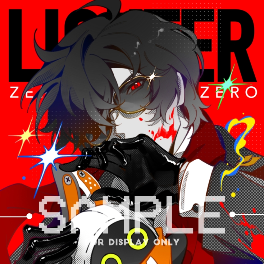 1boy 1other alternate_eye_color alternate_hair_color bandana bandana_around_neck bangboo_(zenless_zone_zero) black_gloves black_hair blood blood_on_clothes blood_on_face character_name commentary covering_own_mouth english_text eous_(zenless_zone_zero) gloves grey_jacket hair_over_one_eye highres jacket latex latex_gloves lighter_(zenless_zone_zero) looking_at_viewer male_focus orange_bandana red_background red_eyes red_scarf sample_watermark saskeboom scarf short_hair smoke sparkle sunglasses upper_body watermark zenless_zone_zero