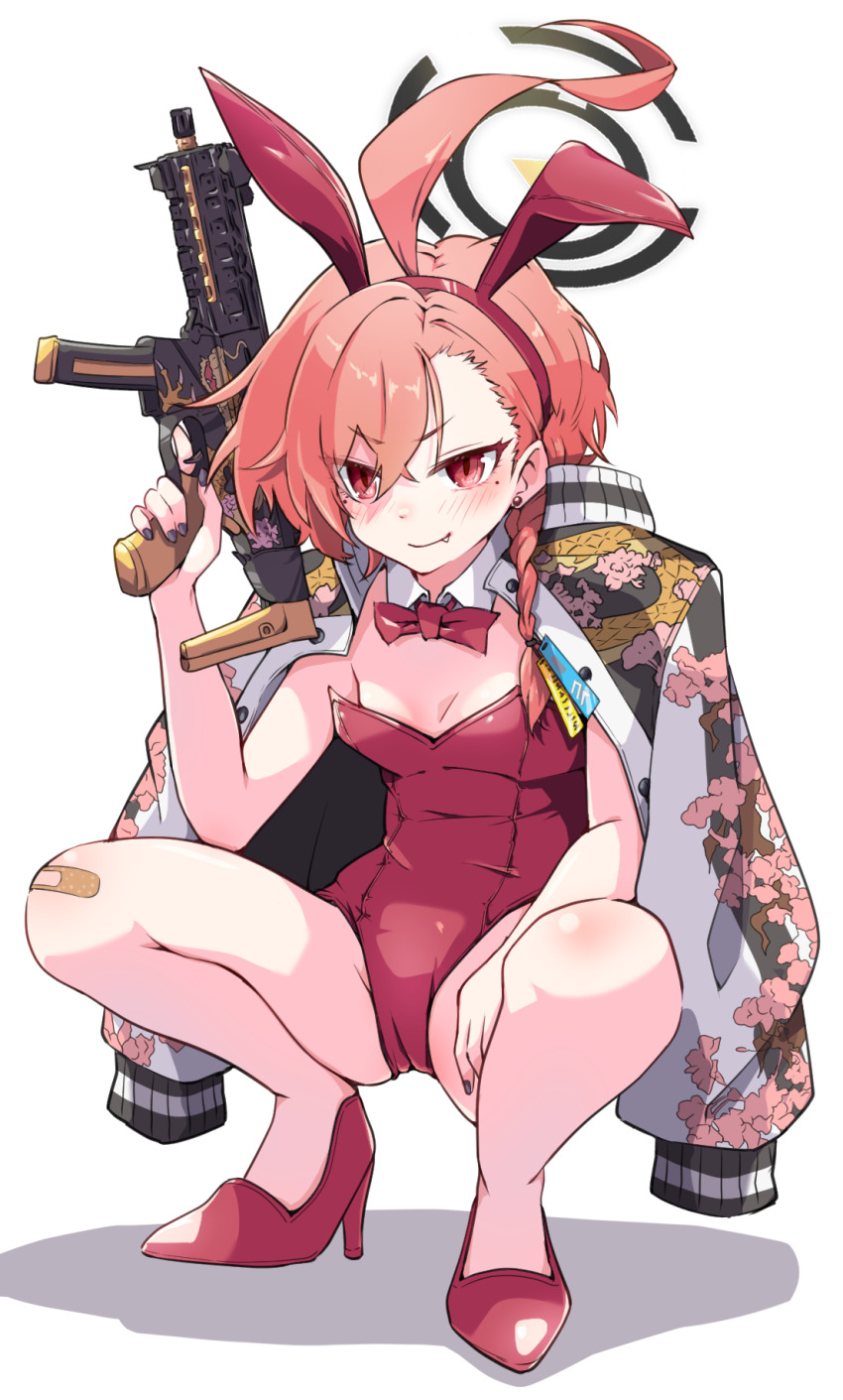 1girl ahoge animal_ears bandaid bandaid_on_knee bandaid_on_leg black_halo blue_archive bow bowtie braid commentary detached_collar fang gun halo high_heels highres huge_ahoge jacket jacket_on_shoulders leotard mole mole_under_each_eye mole_under_eye mosuke1221 multiple_moles neru_(blue_archive) neru_(bunny)_(blue_archive) orange_eyes oversized_breast_cup playboy_bunny print_jacket rabbit_ears red_eyes red_footwear red_leotard short_hair sig_mpx simple_background single_braid solo squatting strapless strapless_leotard submachine_gun sukajan tag weapon white_background
