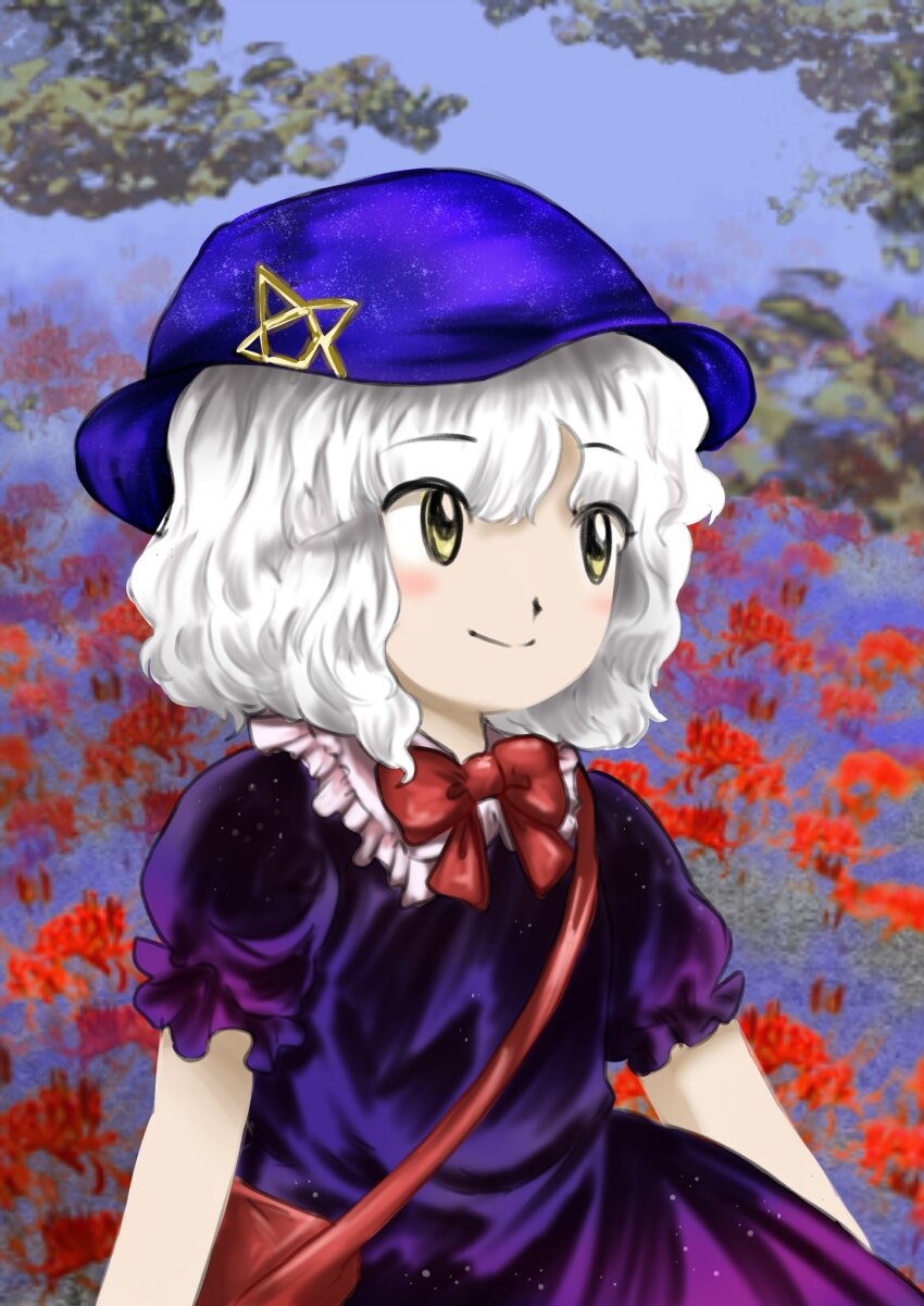 1girl bad_id bad_twitter_id bag bare_arms blue_hat blush_stickers bow bowtie closed_mouth collared_dress commentary commission cowboy_shot day dot_nose dress english_commentary eyes_visible_through_hair flower fog frilled_dress frilled_sleeves frills hat hat_ornament highres looking_ahead luo_qiangwei original outdoors parody pentagram puffy_short_sleeves puffy_sleeves purple_dress red_bag red_bow red_bowtie red_flower short_hair short_sleeves shoulder_bag smile solo spider_lily star_(symbol) star_hat_ornament style_parody touhou tree wavy_hair white_hair yellow_eyes zun_(style)