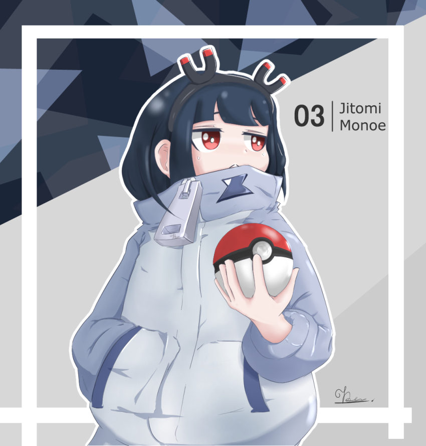 1girl :&lt; black_hair black_hairband blunt_bangs character_name closed_mouth commentary english_commentary eyebrows_hidden_by_hair female_focus hairband hand_in_pocket high_collar holding holding_poke_ball jacket jbene jitomi_monoe long_sleeves looking_away looking_to_the_side magnet outline poke_ball poke_ball_(basic) red_eyes signature solo sweat upper_body virtual_youtuber voms white_jacket white_outline zipper_pull_tab