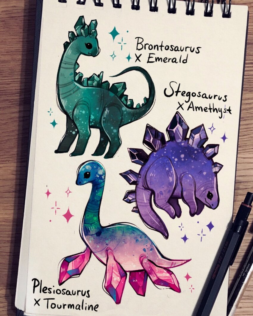 animal animal_focus aqua_gemstone brontosaurus commentary creature crystal dinosaur english_commentary english_text feefal full_body gem highres marker_(medium) no_humans original photo_(medium) pink_gemstone plesiosaur purple_gemstone sketchbook sparkle standing stegosaurus tail traditional_media