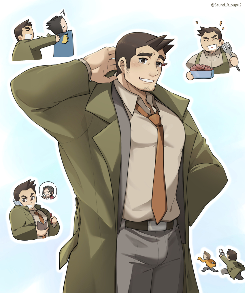 3boys ace_attorney arm_behind_head bara book brown_necktie bulge chasing coat collared_shirt cowboy_shot cuffs facial_hair food goatee_stubble green_coat grey_pants grey_shirt grin handcuffs happy highres holding holding_book holding_handcuffs holding_pencil holding_spatula larry_butz male_focus mature_male miles_edgeworth multiple_boys necktie pants patting_back pencil pencil_behind_ear phoenix_wright saund_r_pu sausage shirt short_hair sideburns sideburns_stubble smile solo_focus spatula spoken_character stubble talking_on_phone twitter_username