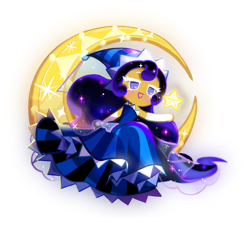 1girl blue_dress blue_eyes blue_hair blue_hat chibi chibi_only colored_eyelashes cookie_run cookie_run:_kingdom crescent_moon dress full_body game_cg gloves hat highres long_hair moon moonlight_cookie official_art simple_background smile solo star_(symbol) striped_clothes striped_headwear third-party_source transparent_background very_long_hair white_eyelashes white_gloves
