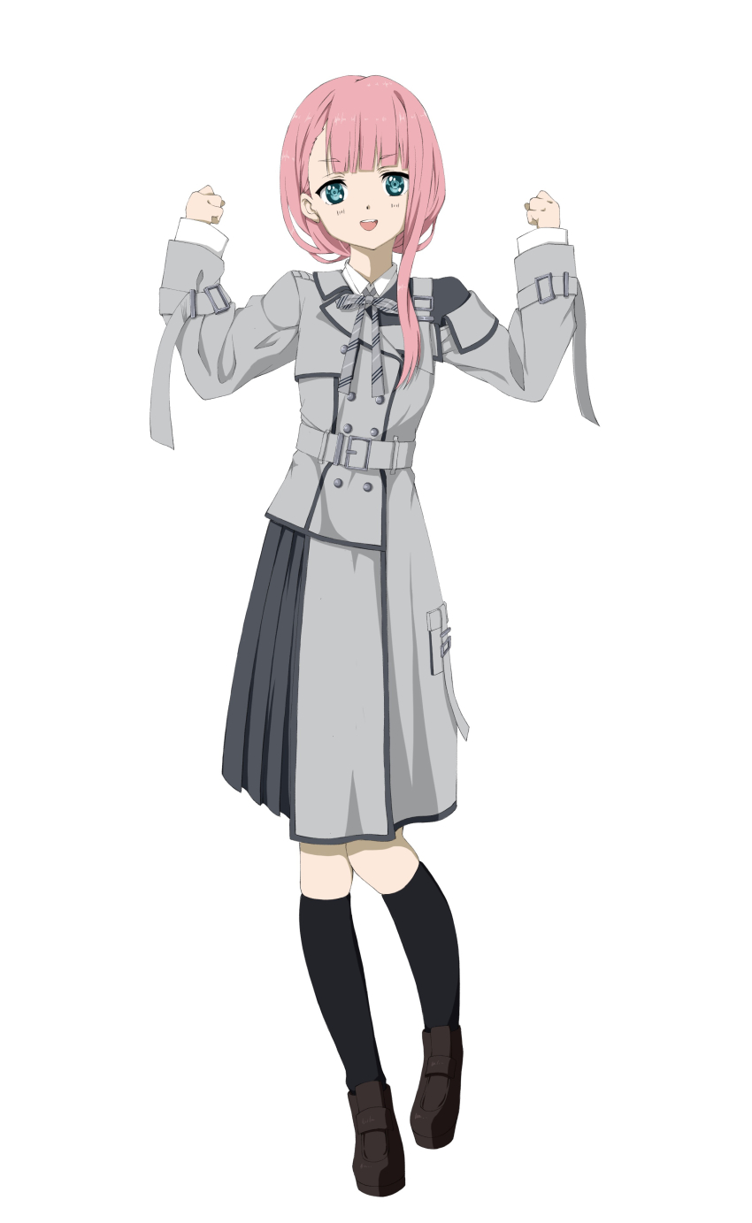 1girl 22/7 :d absurdres alternate_hairstyle black_socks bow bowtie brown_footwear center-flap_bangs collared_shirt dress full_body grey_bow grey_bowtie grey_dress hair_up hands_up highres kamiki_mikami kamisama_datte_kimerarenai long_hair long_sleeves morinomiya_ruri open_mouth pink_hair shirt simple_background single_sidelock smile socks solo standing striped_bow striped_bowtie striped_clothes white_background white_shirt