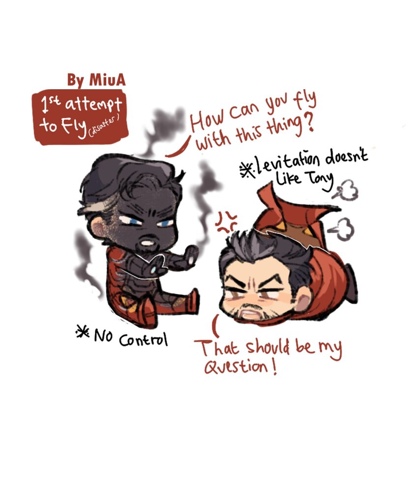 2boys akira_yoru anger_vein angry arc_reactor armor arms_up avengers:_infinity_war avengers_(series) black_hair blue_eyes brown_eyes brown_footwear chibi cloak commentary cosplay costume_switch dirty dirty_face doctor_strange doctor_strange_(cosplay) english_commentary english_text facial_hair full_armor full_body grey_hair highres iron_man iron_man_(cosplay) looking_at_another lying male_focus marvel marvel_cinematic_universe multicolored_armor multicolored_hair multiple_boys on_stomach open_mouth orange_armor power_armor red_armor red_cloak shoes short_hair simple_background sitting teeth tony_stark twitter_username two-tone_hair v-shaped_eyebrows white_background