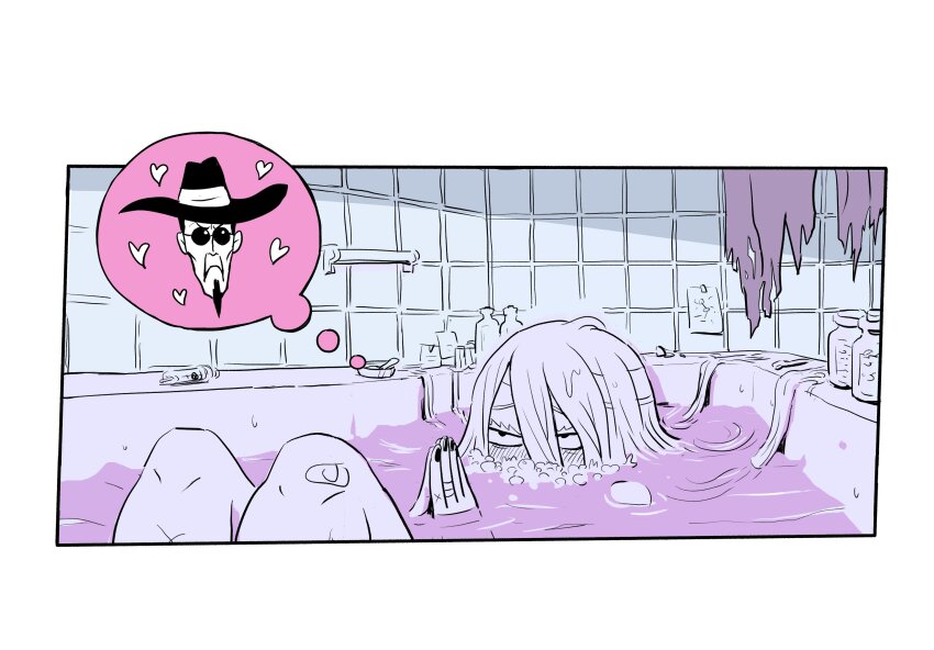 1girl a.k.i._(street_fighter) aroused bathing bathtub blush bubble f.a.n.g hair_down heart highres imagining in_bathtub kangyaku large_hat monochrome mouth_submerged mouth_under_water partially_submerged solo street_fighter street_fighter_6 wet wet_hair