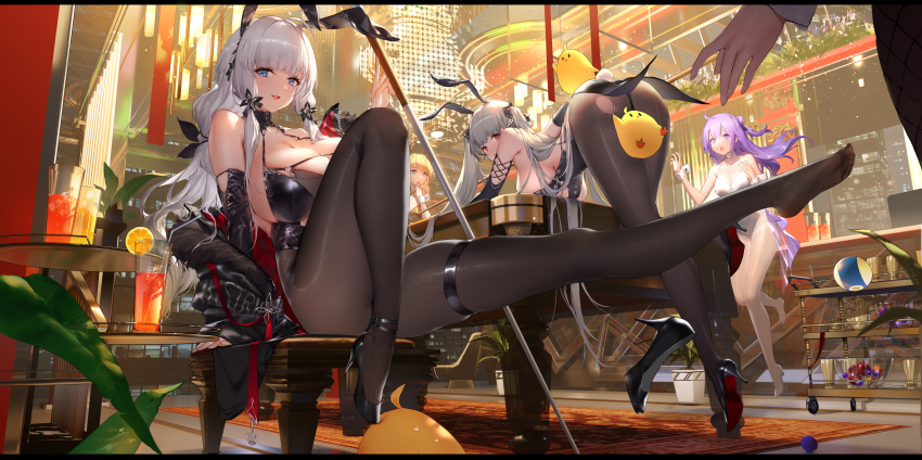 4girls absurdres alternate_costume animal_ears ass azur_lane black_leotard bow bowtie fake_animal_ears fake_tail formidable_(azur_lane) full_body hair_spread_out highleg highleg_leotard highres illustrious_(azur_lane) leg_up leotard manjuu_(azur_lane) multiple_girls pantyhose playboy_bunny rabbit_ears rabbit_tail shoes single_shoe sitting strapless strapless_leotard swd3e2 tail thigh_strap traditional_bowtie unicorn_(azur_lane) victorious_(azur_lane)