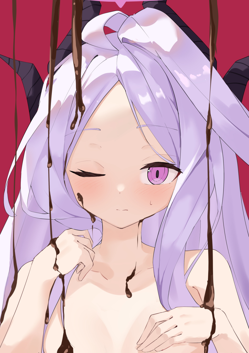 1girl 3; absurdres ahoge black_horns blue_archive blush breasts chocolate chocolate_in_hair chocolate_on_body chocolate_on_hand closed_mouth collarbone commentary_request completely_nude demon_girl demon_horns eyelashes food_on_body food_on_hand forehead frown halo hands_up highres hina_(blue_archive) horns long_hair looking_at_viewer nude one_eye_closed osmium-76 parted_bangs partial_commentary portrait purple_eyes red_background simple_background small_breasts solo split_mouth sweatdrop white_hair