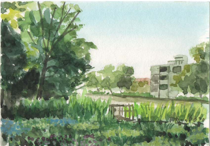 apartment blue_sky building day fern fumeshi grass highres no_humans original outdoors painting_(medium) plant platform pond scenery shadow sky town traditional_media tree watercolor_(medium)