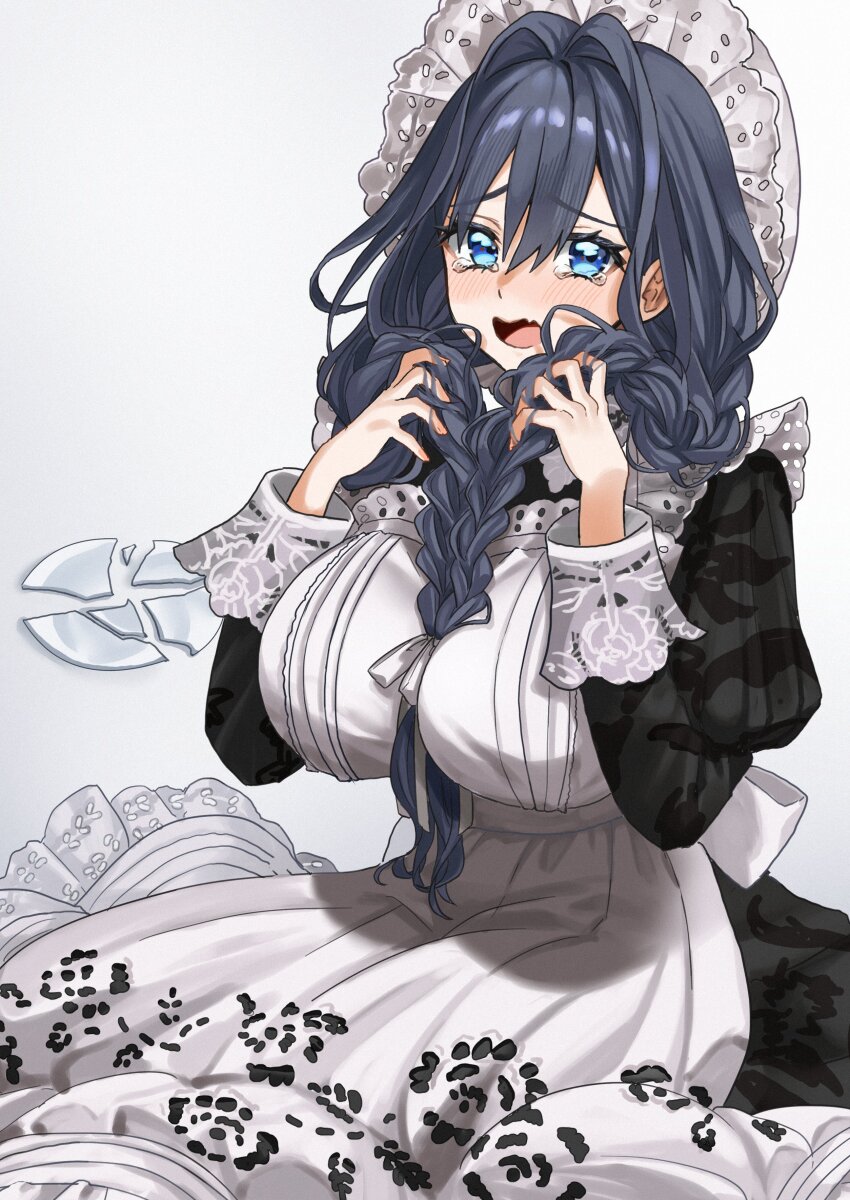 1girl absurdres apron black_dress black_hair blue_eyes braid breasts broken_plate commentary dress english_commentary hat highres hololive hololive_english huge_breasts large_breasts low_twin_braids maid_apron mizuhasi mob_cap open_mouth ouro_kronii ouro_kronii_(maid) plate simple_background solo tearing_up twin_braids virtual_youtuber white_apron white_background