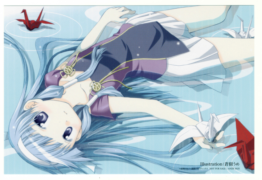 aoki_ume blue_eyes blue_hair blunt_bangs highres hime_cut kannagi long_hair lying nagi origami paper_crane purple_eyes solo water