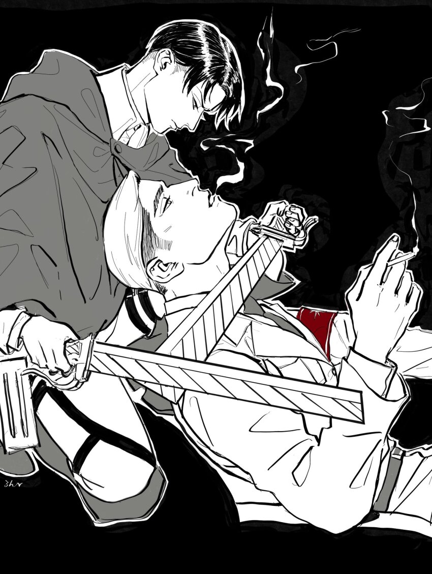 2boys adam&#039;s_apple armband black_background cigarette cloak closed_mouth collared_shirt commentary english_commentary erwin_smith eye_contact highres holding holding_weapon jacket lapels layered_sleeves levi_(shingeki_no_kyojin) long_sleeves looking_at_another male_focus marley_military_uniform multiple_boys notched_lapels paradis_military_uniform parted_bangs parted_lips red_armband shingeki_no_kyojin shirt short_hair smoke smoke_trail smoking spot_color teeth three-dimensional_maneuver_gear velvetdonkey weapon wing_collar