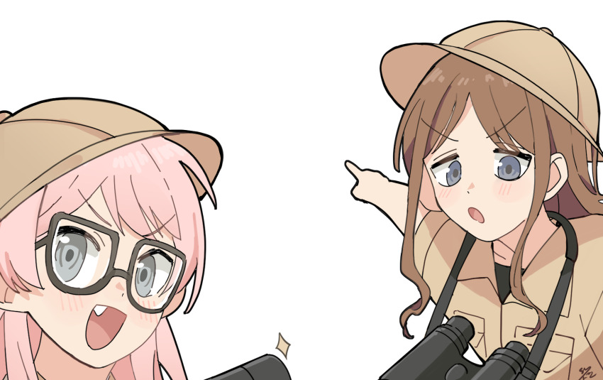 2girls bang_dream! bang_dream!_it&#039;s_mygo!!!!! binoculars blue_eyes blush brown_hair chihaya_anon commentary_request fang glasses grey_eyes highres jacket meme multiple_girls mygo!!!!!_(bang_dream!) nagasaki_soyo parted_bangs pink_hair pointing safari_hat safari_jacket shiny_sung two_soyjaks_pointing_(meme)