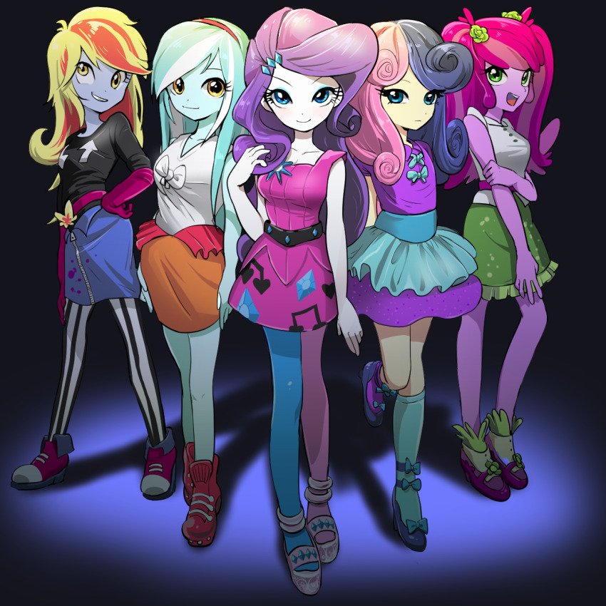 5girls :d ankle_boots ankle_socks antenna_hair aqua_bow aqua_socks arm_at_side arms_behind_back arrow_print asymmetrical_eyes asymmetrical_legwear bare_arms bare_shoulders belt black_belt black_hair black_pantyhose black_shirt blonde_hair blue_background blue_eyes blue_eyeshadow blue_overskirt blue_pantyhose blue_shoes blue_skirt bonbon_(equestria_girls) bonbon_(my_little_pony) boots bow breasts buttons cheerilee cheerilee_(equestria_girls) closed_mouth collarbone collared_shirt colored_skin commentary curly_hair derpy_hooves derpy_hooves_(equestria_girls) diamond_(shape) diamond_hair_ornament dress elbow_gloves english_commentary eyebrows_hidden_by_hair eyeshadow flat_chest flower footwear_bow frilled_skirt frills full_body gloves green_eyes green_flower green_hair green_rose green_skin green_skirt green_socks grey_skin grin hair_flower hair_ornament hair_over_shoulder hairband hand_in_own_hair hand_on_own_arm hand_on_own_hip high_heels highres kneehighs knees_apart_feet_together knees_together_feet_apart light_frown long_hair looking_at_viewer lyra_heartstrings lyra_heartstrings_(equestria_girls) makeup mary_janes medium_skirt mismatched_legwear multicolored_hair multiple_girls musical_note musical_note_print my_little_pony my_little_pony:_equestria_girls my_little_pony:_friendship_is_magic official_alternate_costume official_alternate_hair_color official_alternate_hairstyle open_mouth orange_skirt pantyhose parted_bangs pencil_skirt pink_belt pink_dress pink_gloves pink_hair pink_pantyhose pink_skin platform_shoes purple_dress purple_hair purple_shoes purple_skirt purple_socks quizia rarity_(equestria_girls) rarity_(my_little_pony) red_boots red_hair red_hairband rose shadow shirt shirt_bow shoes short_dress short_sleeves simple_background skirt sleeveless sleeveless_dress sleeveless_shirt small_breasts smile socks split-color_hair standing standing_on_one_leg straight_hair streaked_hair striped_clothes striped_pantyhose swept_bangs twintails two-tone_hair two-tone_pantyhose upturned_eyes v-neck vertical-striped_clothes vertical-striped_pantyhose very_long_hair white_bow white_hair white_pantyhose white_shirt white_shoes white_skin yellow_eyes yellow_skin zipper_skirt
