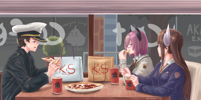 1boy 2girls azur_lane bad_id bad_pixiv_id bag brown_eyes brown_hair commander_(azur_lane) eating food french_fries glasses haruna_(azur_lane) haruna_(free_time_before_class)_(azur_lane) hat highres horns kirishima_(after-school_cannon_time)_(azur_lane) kirishima_(azur_lane) military_hat multiple_girls necktie pizza purple_eyes purple_hair red_eyes roosterf2p school_uniform shopping_bag table twitter_username