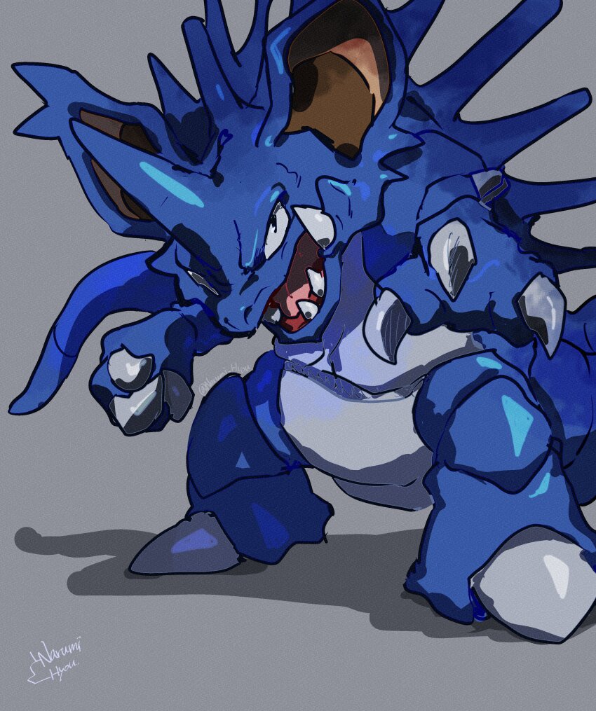 absurdres alternate_color clawed_feet clenched_hand commentary_request gen_1_pokemon grey_background highres horns looking_at_viewer narumi_hyou nidoking nintendo no_humans official_alternate_color open_mouth outstretched_arm pokemon pokemon_(creature) reaching reaching_towards_viewer shadow sharp_teeth shiny_pokemon simple_background single_horn spikes teeth tongue tusks