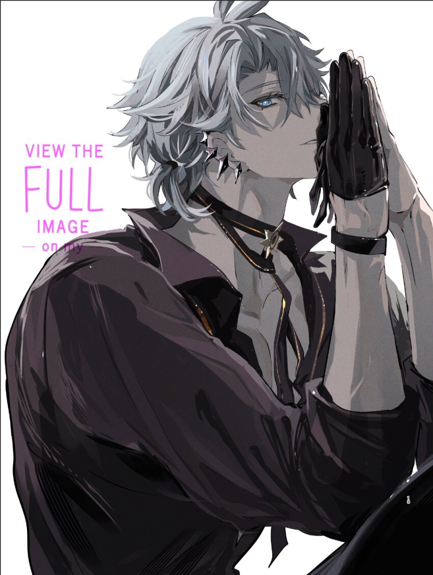 1boy antenna_hair black_choker black_gloves black_shirt blue_eyes choker collared_shirt earclip from_side gloves half_gloves hashtag-only_commentary highres honkai:_star_rail honkai_(series) looking_at_viewer male_focus mori_morii official_alternate_costume own_hands_together parted_bangs pectoral_cleavage pectorals phainon_(fashion)_(honkai:_star_rail) phainon_(honkai:_star_rail) ponytail shirt short_hair simple_background solo upper_body white_background white_hair