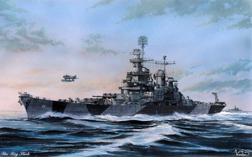 absurdres aircraft airplane american_flag anti-aircraft anti-aircraft_gun autocannon battleship bofors_40_mm_gun cannon crane_(machine) day floatplane highres military_vehicle ocean oerlikon_20mm_gun original outdoors radar seaplane ship ship_turret sky smokestack united_states_navy uss_iowa_(bb-61) vehicle_focus vortex_(xu_xuanwo) warship watercraft world_war_ii