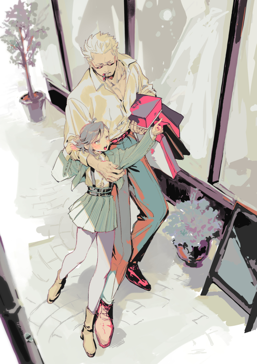 1boy 1girl bag belt black_belt black_necktie boots box brown_boots brown_shoes cigar collared_shirt day green_jacket green_skirt grey_hair grey_pants grey_pantyhose highres holding holding_bag holding_box jacket kabane_(rjev8385) long_sleeves menu_board miniskirt mouth_hold multiple_belts necktie oc_x_canon one_piece open_clothes open_jacket original pants pantyhose partially_unbuttoned pavement plant pleated_skirt potted_plant shirt shoes shopping shopping_bag short_hair skirt smoker_(one_piece) smoking sunglasses textless_version tree walking white_hair white_shirt window window_shopping