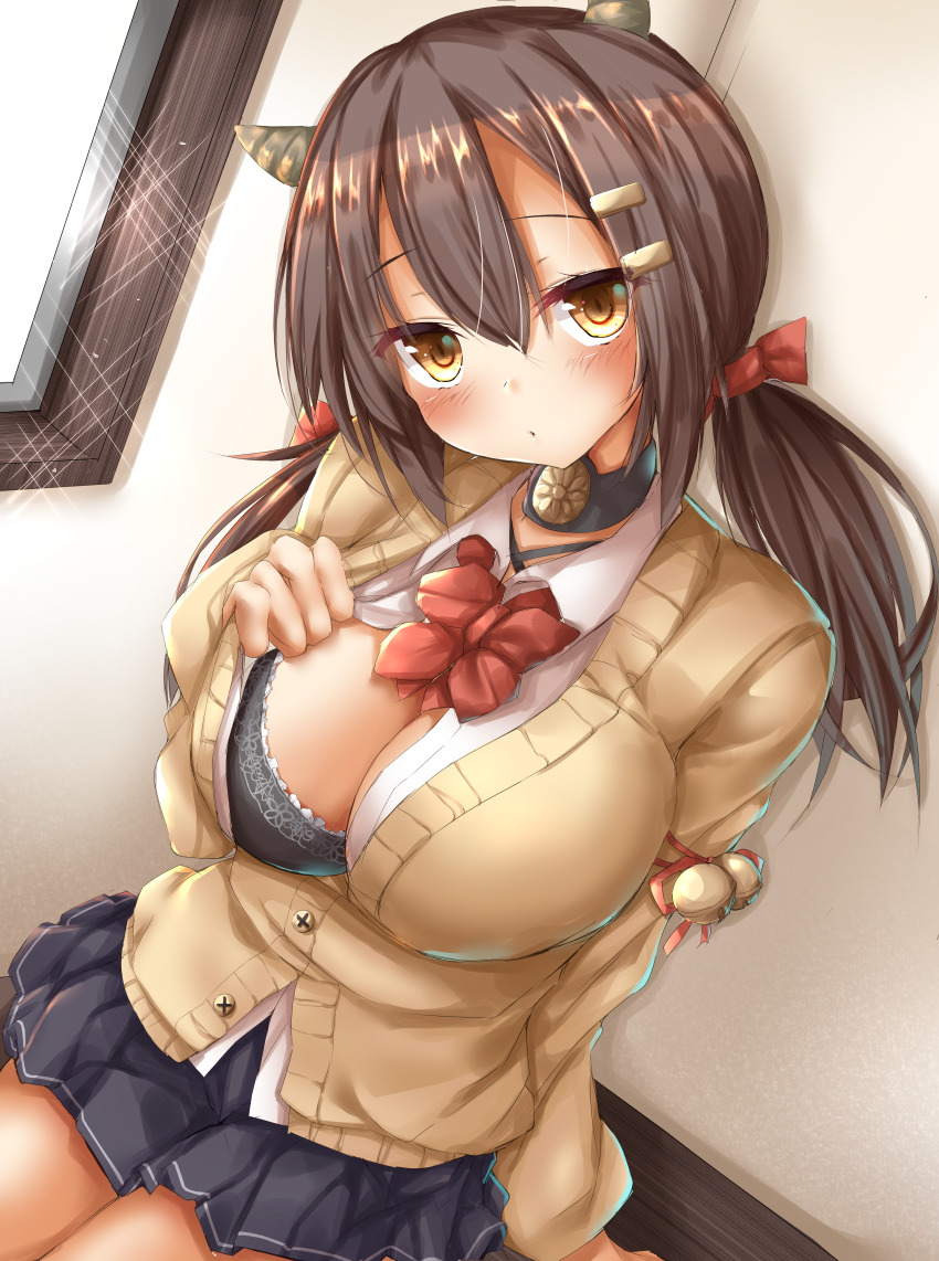 1girl absurdres azur_lane beige_cardigan black_bra black_skirt bow bra bra_peek breasts brown_hair cardigan cleavage collar hair_between_eyes highres horns indoors large_breasts long_hair looking_at_viewer metal_collar miniskirt nagara_(azur_lane) pleated_skirt red_bow school_uniform shiraishi_mamim shirt sitting skirt solo underwear white_shirt yellow_eyes
