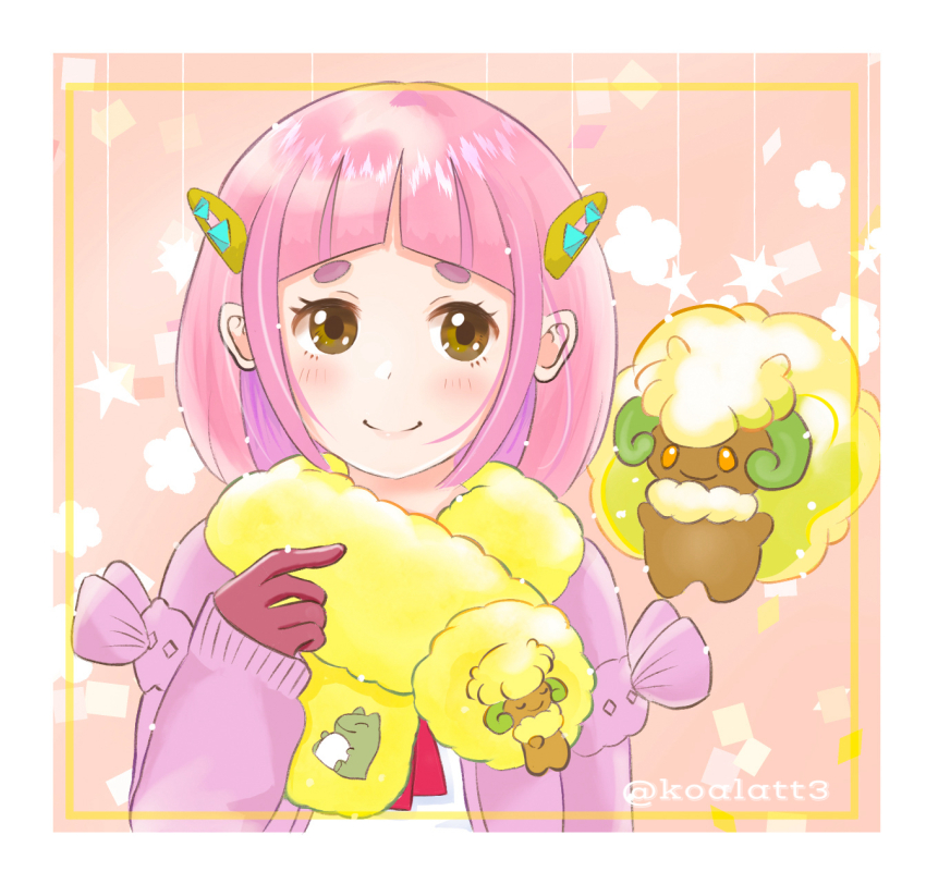 1girl blush border brown_eyes cardigan closed_mouth commentary_request eyelashes gen_5_pokemon gloves hair_ornament hairclip hand_up highres kopepa_(hol_11) lacey_(pokemon) long_sleeves medium_hair nintendo open_cardigan open_clothes pink_hair pokemon pokemon_(creature) pokemon_sv purple_cardigan scarf shirt sidelocks smile star_(symbol) themed_object whimsicott white_border white_shirt yellow_scarf