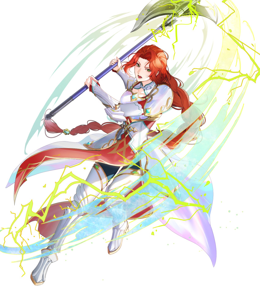 armor attack axe braid braided_ponytail breastplate fire_emblem fire_emblem:_path_of_radiance highres holding holding_axe lightning long_hair nintendo non-web_source official_alternate_costume official_art open_mouth pelvic_curtain red_eyes shoulder_armor solo swinging_weapon titania_(fire_emblem) titania_(resplendent)_(fire_emblem) v-shaped_eyebrows very_long_hair white_armor