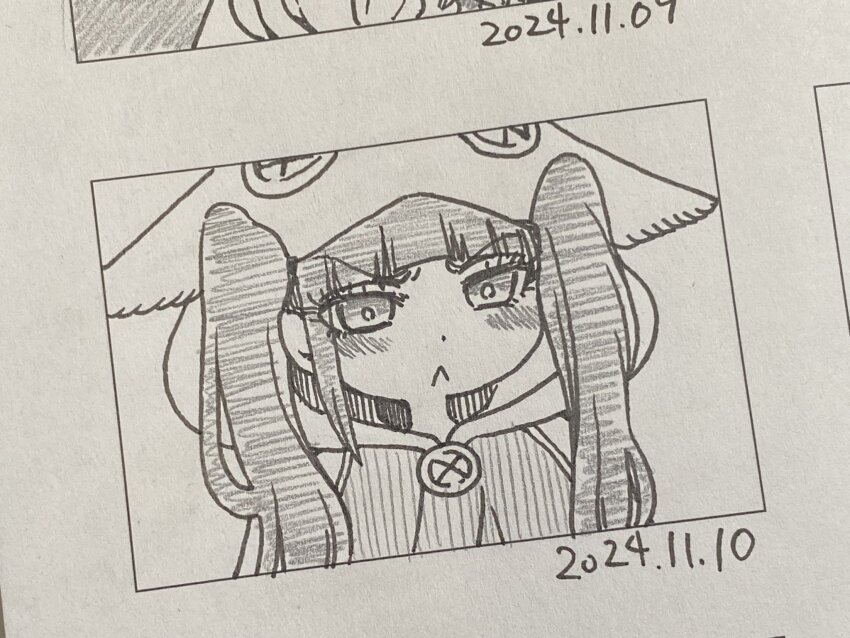 1girl 2024 :&lt; bleach blush chibi dated dokugamine_riruka embarrassed fingernails hanya_(hanya_yashiki) highres hood hoodie long_hair looking_at_viewer monochrome photo_(medium) simple_background solo traditional_media tsundere twintails very_long_hair white_background