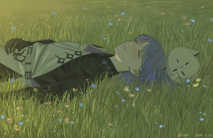 1boy belt black_gloves black_shirt blue_hair closed_eyes closed_mouth collared_shirt gloves grass highres hoshirube_sho j14o7 long_hair lying male_focus multicolored_hair nijisanji on_back on_grass otomo_(hoshirube_sho) outdoors purple_hair shirt simple_flower sleeping solo streaked_hair two-tone_hair upper_body virtual_youtuber white_belt