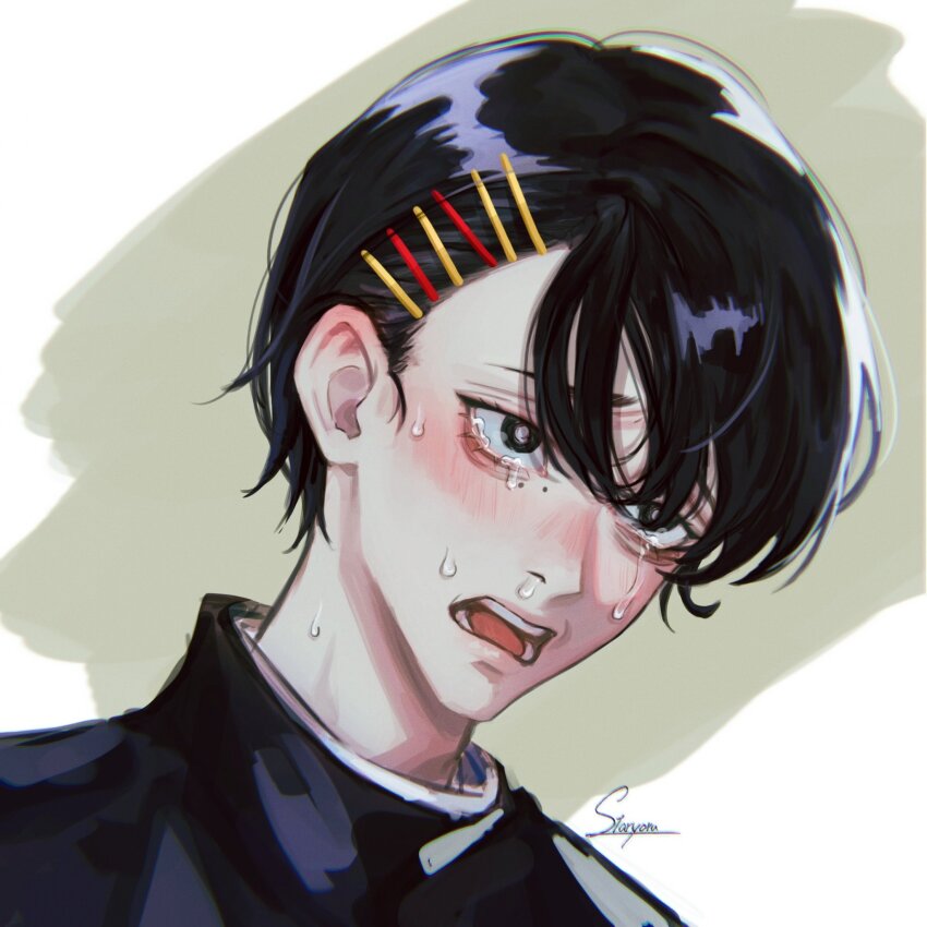 1boy artist_name black_hair chainsaw_man crying crying_with_eyes_open gakuran hair_ornament hairpin higashiyama_nobana highres kobeni_otouto looking_at_viewer mole mole_under_eye multiple_hairpins nervous_sweating open_mouth school_uniform short_hair signature snot solo staryoruu sweat tearing_up tears two-tone_background