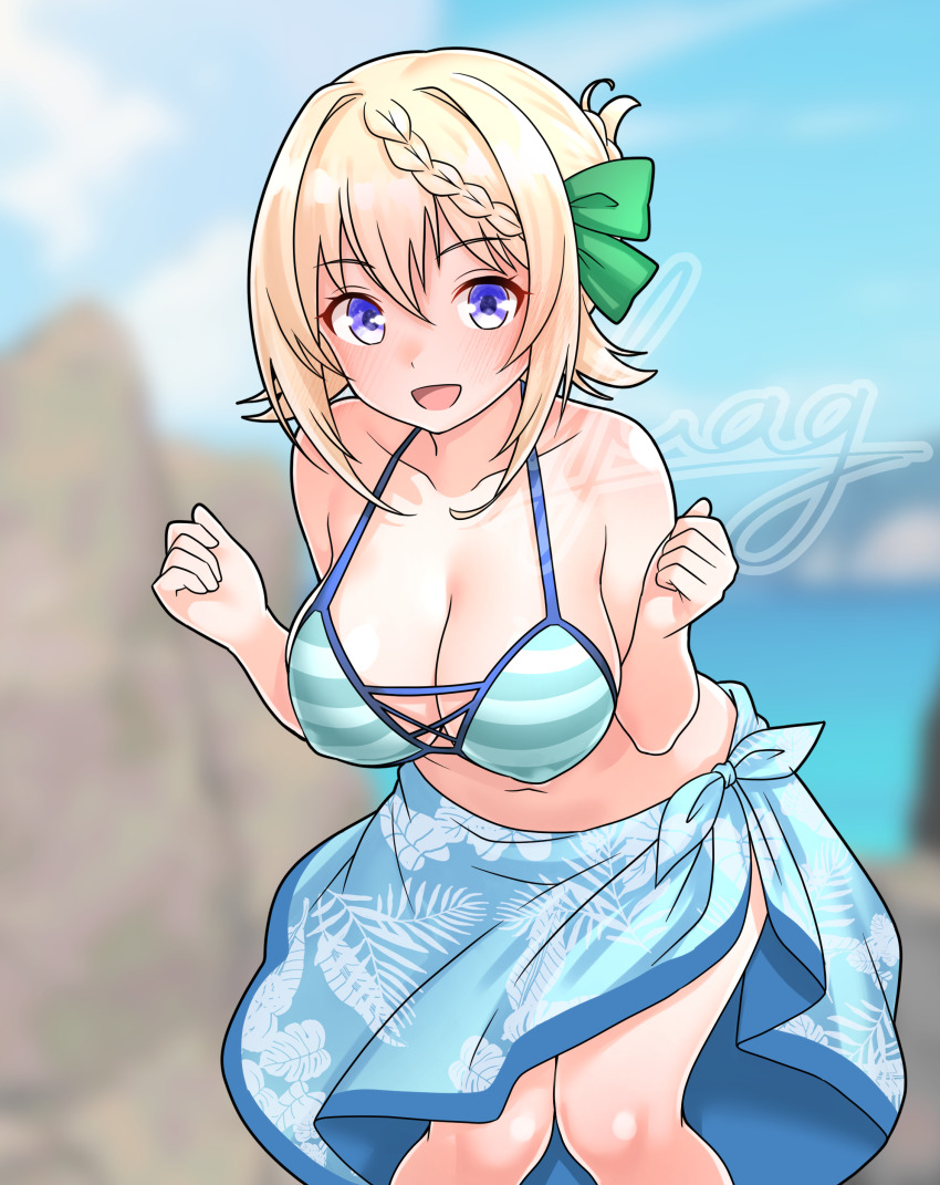 1girl absurdres bikini blonde_hair blue_sky blurry blurry_background braid braided_bangs braided_bun breasts cloud commentary_request covered_erect_nipples cross-laced_bikini cross-laced_clothes day feet_out_of_frame furaggu_(frag_0416) green_bikini green_sarong hair_bun highres kantai_collection knees_together_feet_apart large_breasts looking_at_viewer outdoors perth_(kancolle) perth_(swimsuit)_(kancolle) purple_eyes sarong short_hair sky solo striped_bikini striped_clothes swimsuit w_arms watermark