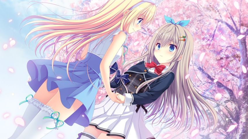 2girls black_bow blonde_hair blue_bow blue_eyes blue_hairband blue_skirt bow bow_hairband bowtie cherry_blossoms closed_mouth cowboy_shot da_capo da_capo_iv day dress_shirt dutch_angle eye_contact floating_hair frilled_thighhighs frills game_cg gem green_gemstone green_ribbon grey_hair hair_bow hair_ornament hairband heart heart_hair_ornament high-waist_skirt holding_hands long_hair long_sleeves looking_at_another miniskirt multiple_girls neck_ribbon outdoors pleated_skirt red_bow red_bowtie red_gemstone ribbon sagisawa_arisa sagisawa_arisu school_uniform shirt skirt sleeveless sleeveless_shirt smile spring_(season) standing thighhighs very_long_hair white_shirt white_skirt white_thighhighs zettai_ryouiki