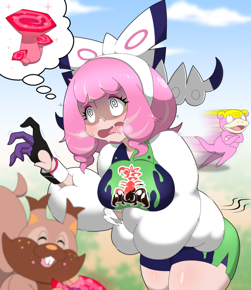 1girl @_@ amauchi arm_under_breasts blush bow bracelet breasts brown_fur buck_teeth closed_eyes coat collared_shirt colored_skin commentary_request creatures_(company) drill_hair drooling dynamax_band eyeshadow flipped_hair fur_coat fur_jacket galarian_form galarian_slowpoke game_freak gen_8_pokemon greedent hair_bow hairband hand_up highres hungry jacket jewelry klara_(pokemon) large_breasts makeup medium_breasts mole mole_under_mouth motion_lines mouth_drool mushroom nintendo open_mouth pink_eyeshadow pink_hair pink_lips pink_skin pokemon pokemon_(creature) pokemon_swsh print_shirt print_shorts raised_eyebrows saliva shaded_face shirt short_hair shorts side_slit side_slit_shorts speed_lines squirrel teeth thighs twin_drills white_bow white_hairband wide-eyed