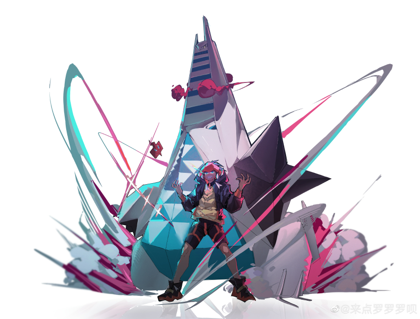 1boy absurdres black_jacket black_shoes black_shorts chinese_commentary cloud commentary_request dark-skinned_male dark_skin duraludon dynamax gen_4_pokemon gen_8_pokemon gigantamax gigantamax_duraludon glowing glowing_eyes grin headband highres jacket lai_dian_luo_luo_luo_bai male_focus nintendo open_clothes open_jacket orange_headband pokemon pokemon_(creature) pokemon_swsh raihan_(pokemon) rotom rotom_phone shirt shoes shorts smile white_background yellow_shirt