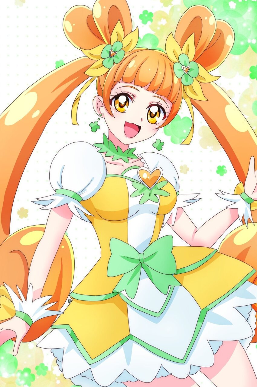 1girl bow breasts brooch brown_eyes brown_hair choker clover_earrings cure_rosetta dokidoki!_precure double_bun dress gradient_background green_background green_choker hair_bun hair_ornament heart heart_brooch heart_hair_bun highres jewelry long_hair magical_girl medium_breasts momotarouooi precure puffy_short_sleeves puffy_sleeves ribbon short_sleeves smile solo twintails waist_bow wrist_cuffs yellow_dress