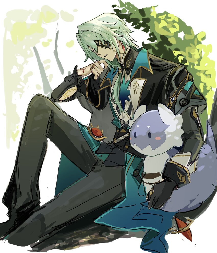 1boy anaxa_(honkai:_star_rail) aqua_hair ascot black_corset black_gloves black_jacket black_pants chain corset earrings eyepatch gem gloves hair_between_eyes hair_intakes hand_up highres honkai:_star_rail honkai_(series) jacket jewelry lapels male_focus mandarin_collar medium_hair multiple_rings notched_lapels one_eye_covered pants parted_lips red_gemstone ring shirt side_ponytail single_earring sitting solo umm234414016473 white_ascot white_shirt