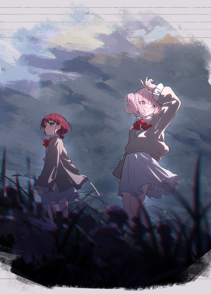 2girls arm_up blue_eyes blush bow bowtie brown_cardigan cardigan closed_mouth collared_shirt commentary_request girls_band_cry grey_eyes highres hina_(girls_band_cry) iseri_nina long_sleeves low_twintails multiple_girls outdoors pink_hair red_bow red_bowtie red_hair shirt short_hair short_twintails standing twintails white_shirt yun_cao_bing