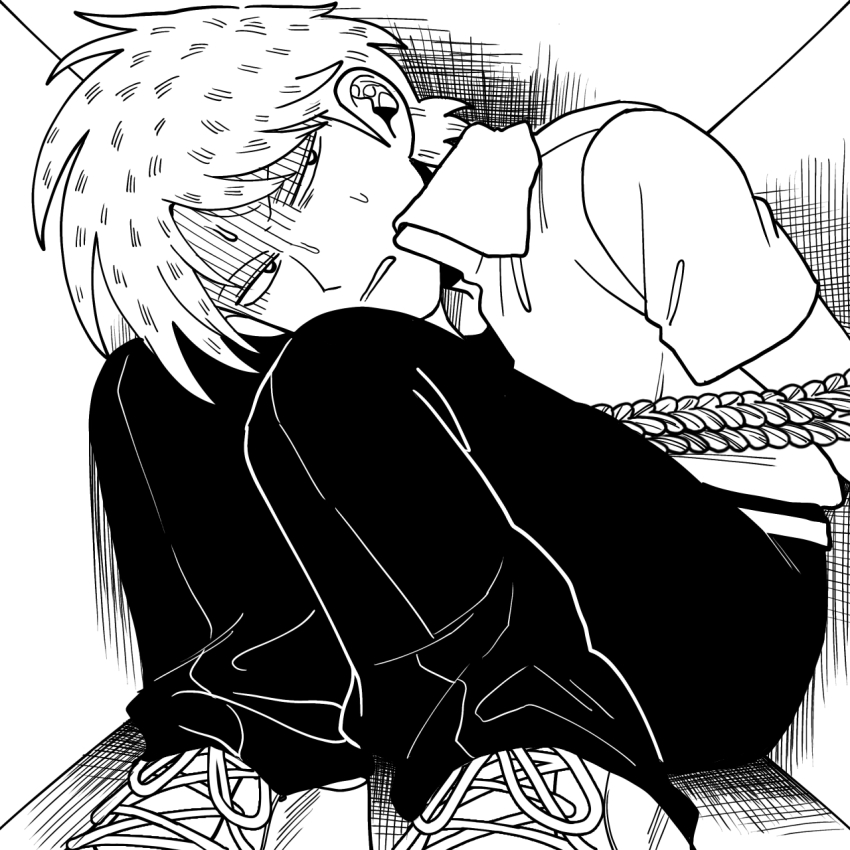 1boy akagi:_yami_ni_oritatta_tensai akagi_shigeru bound bound_arms collared_shirt commentary_request fukumoto_mahjong full_body greyscale highres male_focus monochrome niwatori_panda open_mouth pants shirt shoes short_hair solo stuck_in_a_box