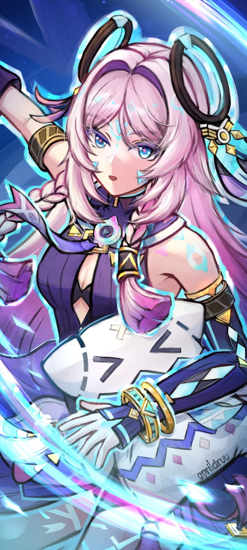 1girl absurdres andrewaprilio blue_eyes blunt_bangs braid breasts citlali_(genshin_impact) dress genshin_impact gloves hair_ornament highres long_hair looking_at_viewer magic pillow pink_hair sleeveless solo tattoo very_long_hair